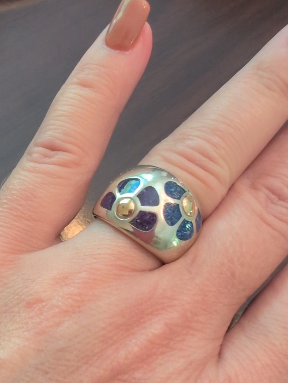 Silver Dome Ring with Blue and Purple Floral Inlay
